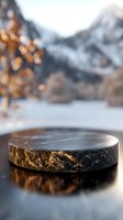 Luxurious black marble product display podium with golden veins against blurred winter mountain landscape background, reflecting surface creates elegant presentation space.