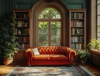Classic orange leather chesterfield sofa in luxurious home library with arched window, built-in wooden bookshelves, indoor plants and oriental rug on hardwood floor.