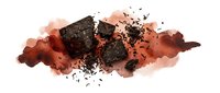 Watercolor explosion with charcoal fragments and rust tones on white background, isolated design element for creative projects, posters, and digital artwork.