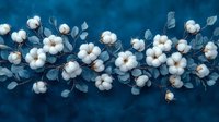 Delicate cotton flowers with silvery leaves arranged in elegant garland composition against deep blue background. Natural organic design for textile and decor.
