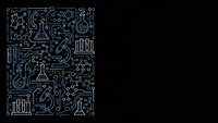 Science laboratory equipment and chemistry icons pattern on black background with molecular structures, beakers, microscopes and research tools.