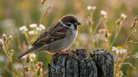 Sparrow perched on weathered wooden post surrounded by wildflowers and green vegetation in natural outdoor setting, suitable for nature and wildlife content.