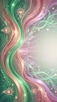 Digital tree with circuit board branches and light bulb leaves representing innovation and technology growth in vibrant green and pink gradient colors.