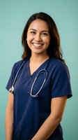 Smiling Hispanic female healthcare worker in navy blue scrubs with stethoscope standing against mint green background for medical and nursing concepts.
