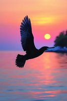 Majestic heron silhouette soaring over tranquil water during vibrant sunset with pink and orange sky colors reflecting on lake surface for nature photography.