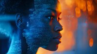 Futuristic digital portrait of young African American man with binary code projection overlay in blue and orange cyberpunk lighting for tech concepts.