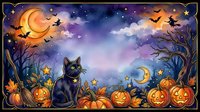 A black cat sits among glowing jack-o'-lanterns under a mystical night sky filled with moons, stars, bats, and bare trees, perfect for seasonal decorations and Halloween designs.