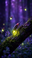 Glowing firefly on moss-covered tree branch in enchanted purple forest with magical bokeh lights creating mystical nighttime atmosphere for nature designs.