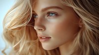 Young Caucasian woman with blonde wavy hair and natural makeup in soft warm lighting, side profile portrait showing flawless skin and serene expression. For beauty and fashion.
