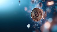 Cryptocurrency digital asset with bitcoin coin surrounded by glowing particles and network connections on blue gradient background for fintech and blockchain technology concepts.