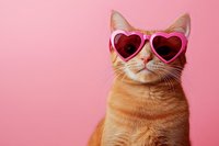 Orange tabby cat wearing pink heart-shaped sunglasses on pastel pink background for Valentine's Day celebration and romantic holiday themes.