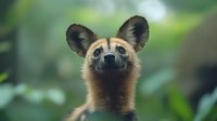 African wild dog portrait with alert ears and distinctive facial markings against blurred green natural background.