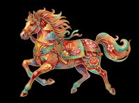 Ornate Chinese zodiac horse with floral patterns and gold details, isolated on transparent background, ready for stickers, t-shirt design, and print on demand.