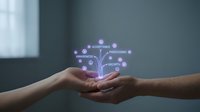 Business hands holding glowing digital tree with corporate values icons representing growth, teamwork and professional development in modern office.