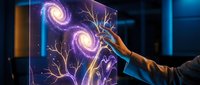Futuristic holographic display showing glowing purple spiral galaxies and neural branches, hand touching interactive neon interface for technology and innovation concepts.