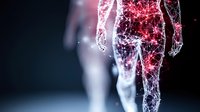 Glowing digital wireframe silhouette of walking figure with red and white light particles on dark background, representing artificial intelligence and technology.