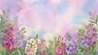 Watercolor floral border with pink, purple, and cream blooms on a soft pastel sky background, perfect for spring cards and invitations.