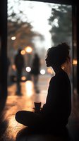 Silhouette of young woman with curly hair sitting cross-legged by window with coffee cup, watching people pass on rainy evening street with bokeh lights.