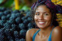 Young African American woman with bright smile wearing blue tank top and headscarf poses near fresh blackberries at local farm during summer harvest season.