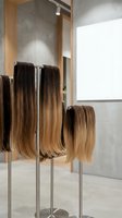 Hair extensions display in modern salon with ombre blonde highlights on metal stands showcasing professional hair styling products and beauty treatments.