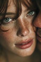 Close-up portrait of young Caucasian woman with freckles and green eyes. Natural beauty concept for skincare and cosmetics advertising campaigns.