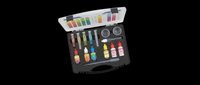 Comprehensive automotive diagnostic tool kit with color-coded fluid testers, measurement gauges, and accessories isolated on transparent background. Ready for clipart, print-on-demand, sublimation, and design projects.