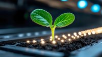 Young green plant seedling sprouting from dark soil with warm bokeh lights creating magical growth atmosphere for environmental concepts.