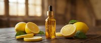 Citrus essential oil dropper bottle with fresh lemons on rustic wooden table. Natural skincare and aromatherapy concept for wellness and beauty treatments.