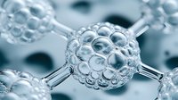 Molecular structure with spherical clusters connected by rods in cool blue tones, showing scientific concept for chemistry, biology, or nanotechnology research.