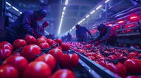Fresh ripe tomatoes on industrial sorting conveyor belt with workers in protective gear selecting produce in modern facility with blue lighting.