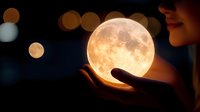 Woman's hand appearing to hold glowing full moon against dark night sky with bokeh lights, creating magical atmospheric composition for spiritual and dreamy concepts.
