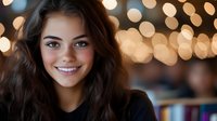 Young Hispanic woman with bright smile and long dark wavy hair against blurred bokeh lights background, wearing black top, radiating warmth and confidence.