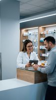 Female pharmacist consulting with male customer at modern pharmacy counter discussing medication and prescription services.