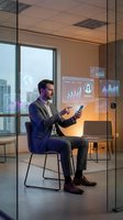 Professional businessman using tablet with holographic data analytics displays in modern office conference room for business intelligence presentations.