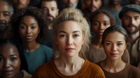 Diverse group of young adults standing together, featuring women in orange sweater among multicultural crowd. Natural lighting highlights genuine expressions.