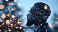 Digital network visualization overlaid on silhouette of bearded African American man in glasses against bokeh lights background showing AI and mind connection concept.