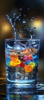 Colorful gummy bears splashing into clear glass of water creating dynamic splash crown with droplets against dark background with golden bokeh lighting effects.