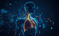 Digital visualization of human anatomy showing glowing lungs and respiratory system against dark background with medical data interface elements.