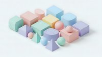 Pastel colored geometric shapes cubes spheres cylinders arranged on white background for modern minimalist design branding presentations.