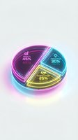 Futuristic neon pie chart with glowing segments showing business data percentages in purple, cyan and yellow colors on light background.