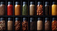 Glass jars filled with colorful spices, legumes, nuts and grains arranged in rows on dark background. Food ingredients storage in modern pantry organization.