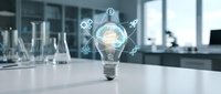 Glowing lightbulb with brain inside surrounded by innovation icons in modern laboratory setting representing creative scientific research and breakthrough ideas.