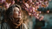 Middle-aged Caucasian woman enjoying spring cherry blossoms outdoors with peaceful expression and warm scarf in natural garden setting.