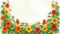 Watercolor nasturtium flowers border with orange, red and yellow blooms and green leaves on light background, copy space for text.