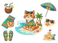 Cartoon cat relaxing on tropical beach surrounded by summer vacation essentials including umbrella, coconut drink, sandals, beach bag, starfish, and sandcastle on isolated white background.