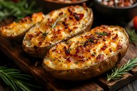 Twice baked potatoes loaded with melted cheese, crispy bacon bits and fresh herbs served on rustic wooden board, close up view of homemade comfort food.