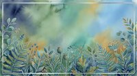 Watercolor botanical garden with ferns, wildflowers, and foliage silhouettes against soft blue, green, and golden sky gradient background for nature-inspired designs.