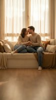 Young couple in love embracing on cozy beige sofa in warm sunlit living room with soft curtains creating intimate romantic atmosphere at home.