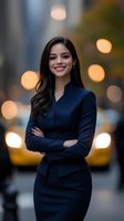 Young Hispanic businesswoman in navy blue suit smiling confidently with arms crossed against urban bokeh background with warm evening lights and taxi.