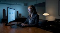 Female professional with long dark hair and glasses working at computer in modern office environment at night for business and technology concepts.